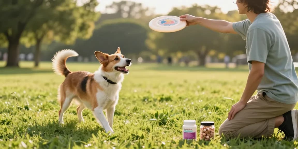 Nahrungsergänzungsmittel für Hunde in einer sonnigen Parklandschaft, Hund spielt mit seinem Besitzer und ist fröhlich.