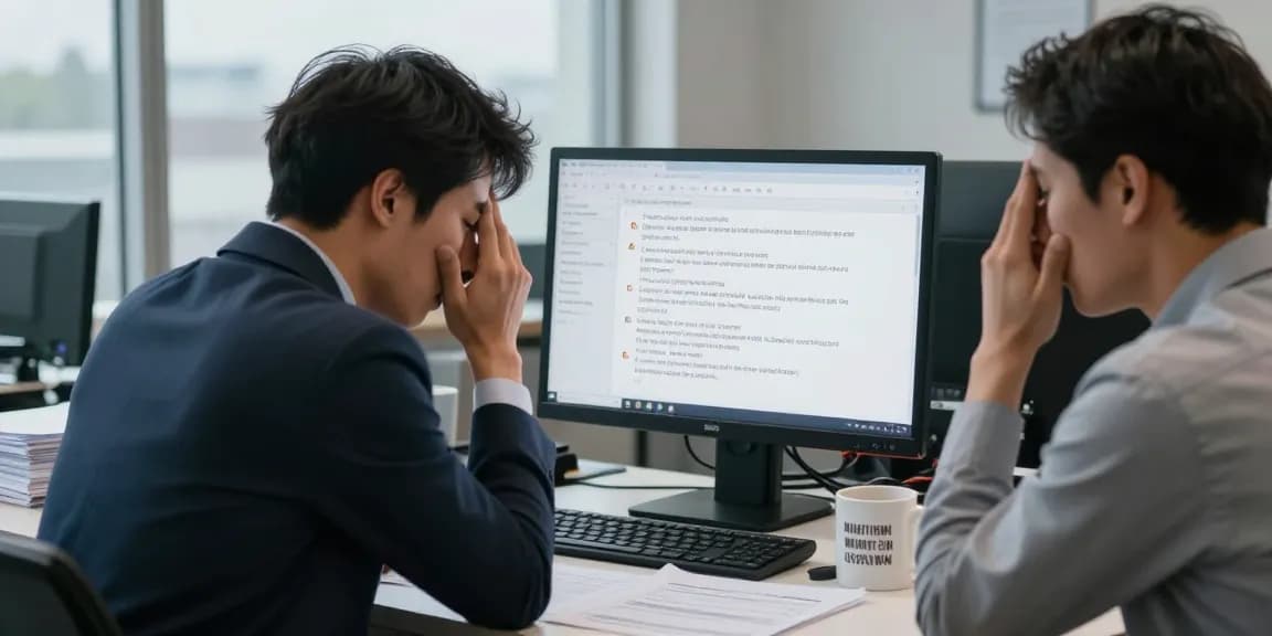 Ein Mitarbeiter leidet unter respektloser Behandlung am Arbeitsplatz, sichtbar frustriert bei der Arbeit.