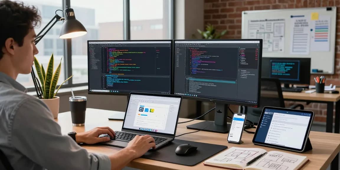 Webanwendung beauftragen in einer modernen Software-Entwicklungsumgebung mit Dualmonitoren und Codierungstools.