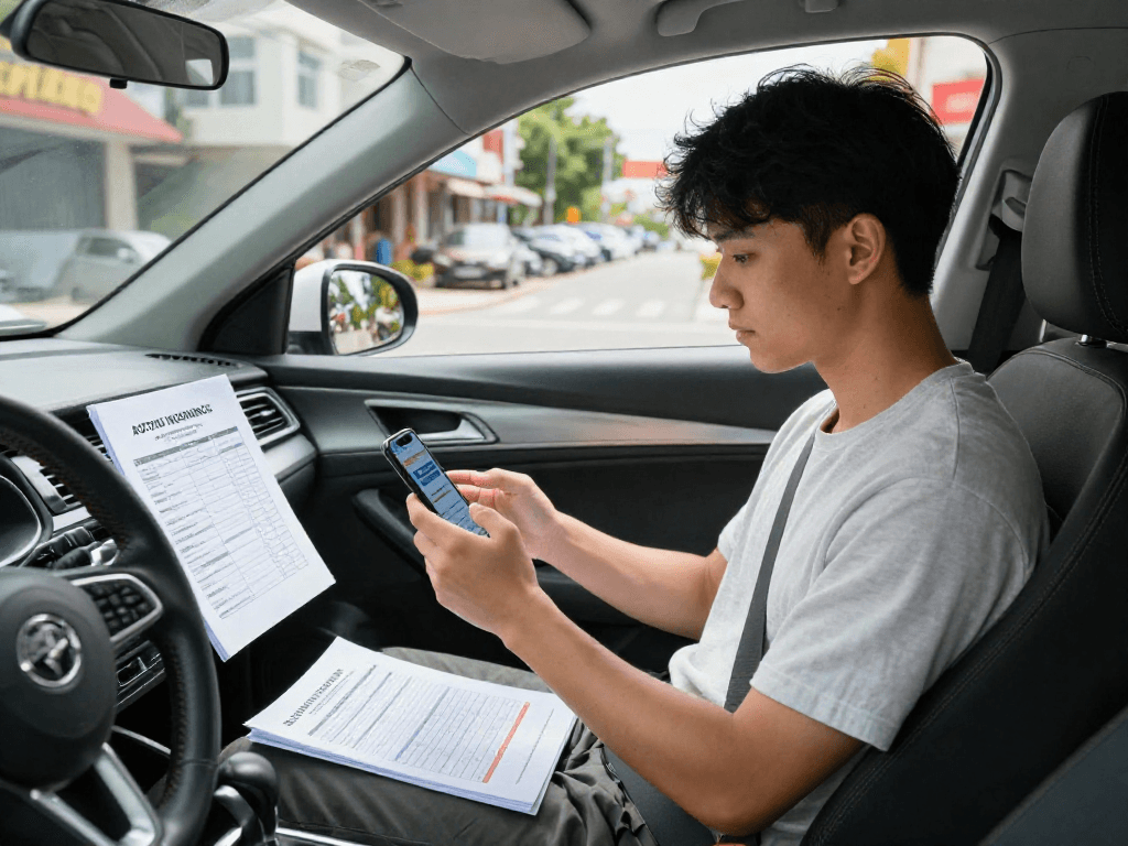 Der junge Autofahrer vergleicht Autoversicherungen auf seinem Smartphone in einem modernen Auto in Dortmund.