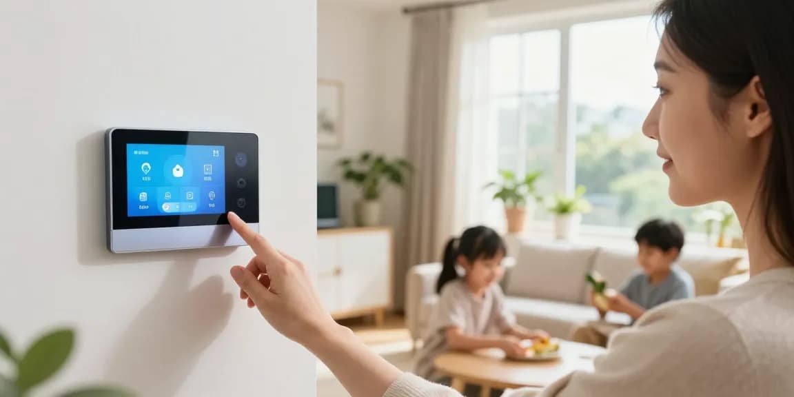 Family interacting with a smart thermostat in a bright living room, showcasing tech in a cozy home environment.