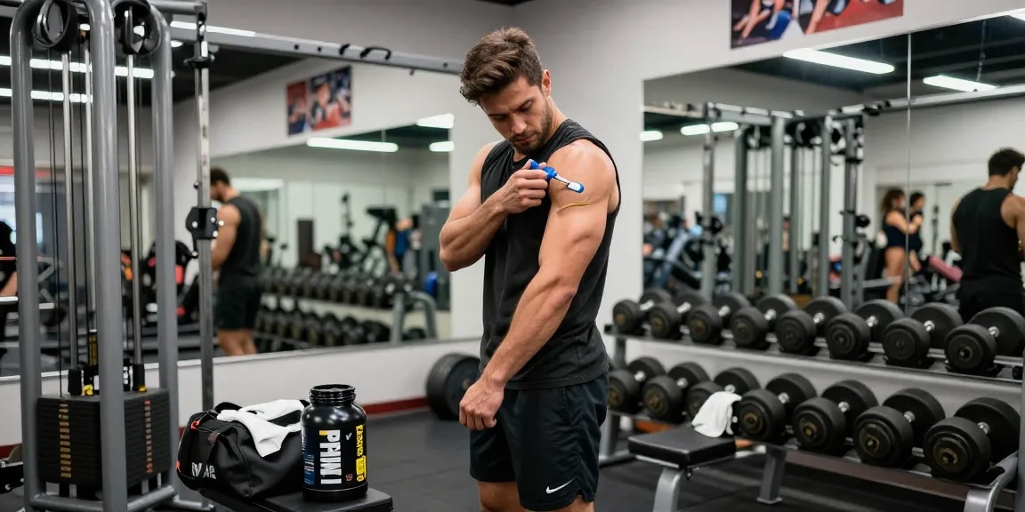 Prime Pharma Steroide Injektion Szene in einem Fitnessstudio, die sportliche Hingabe zeigt.
