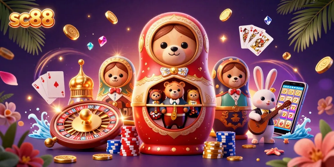 sc88 offers vibrant casino energy with glowing dealer bears and festive games in a 3D scene.