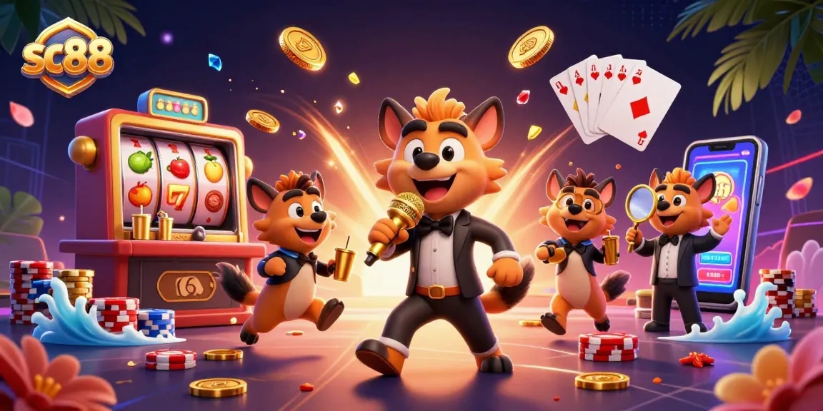 sc88 hyenas perform in a vibrant casino scene with comedy, cocktails, and action-packed gaming elements
