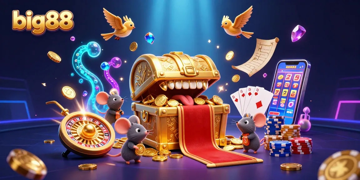 Engage with big88's thrilling treasure-filled adventure featuring golden coins and vibrant casino elements.