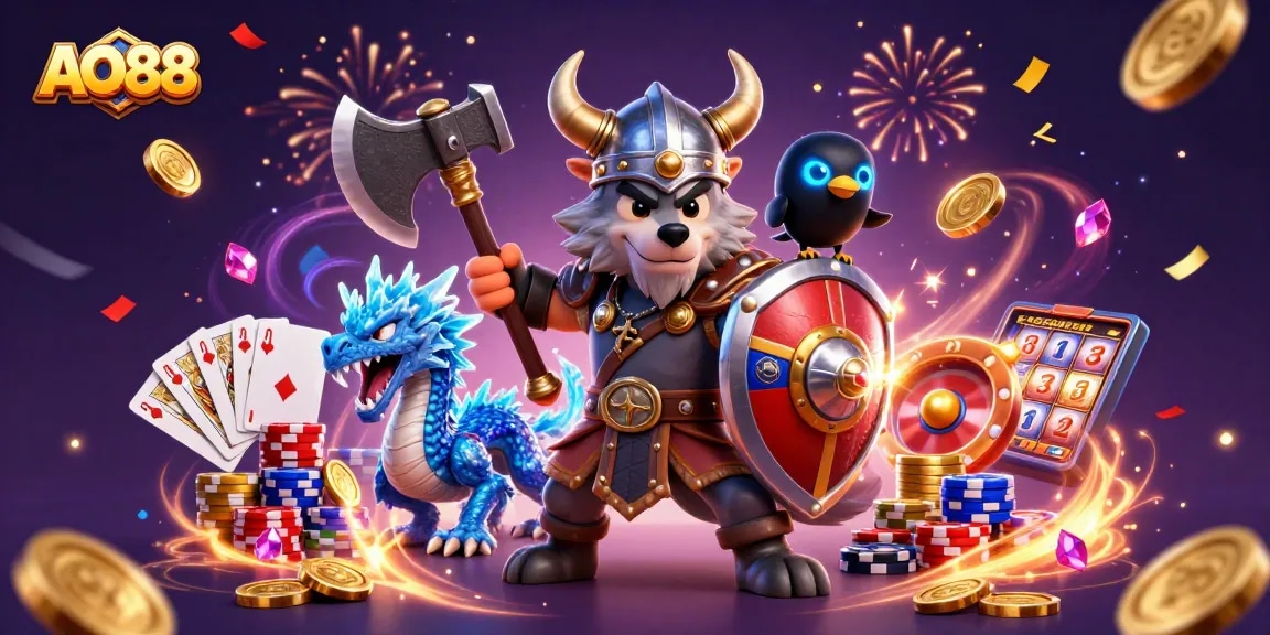 Engage with AO88’s vibrant casino adventure featuring a Viking wolf warrior, dragon, and captivating gambling elements.