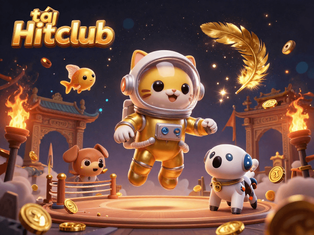 Play exciting games with tải Hitclub in this vibrant 3D casino scene featuring unique characters and dynamic elements.