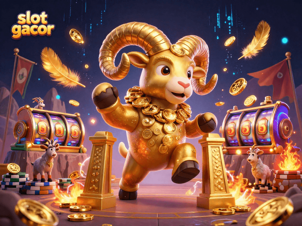 Experience the thrill of slot gacor with a dynamic 3D scene of a charging golden ram at a casino gate.