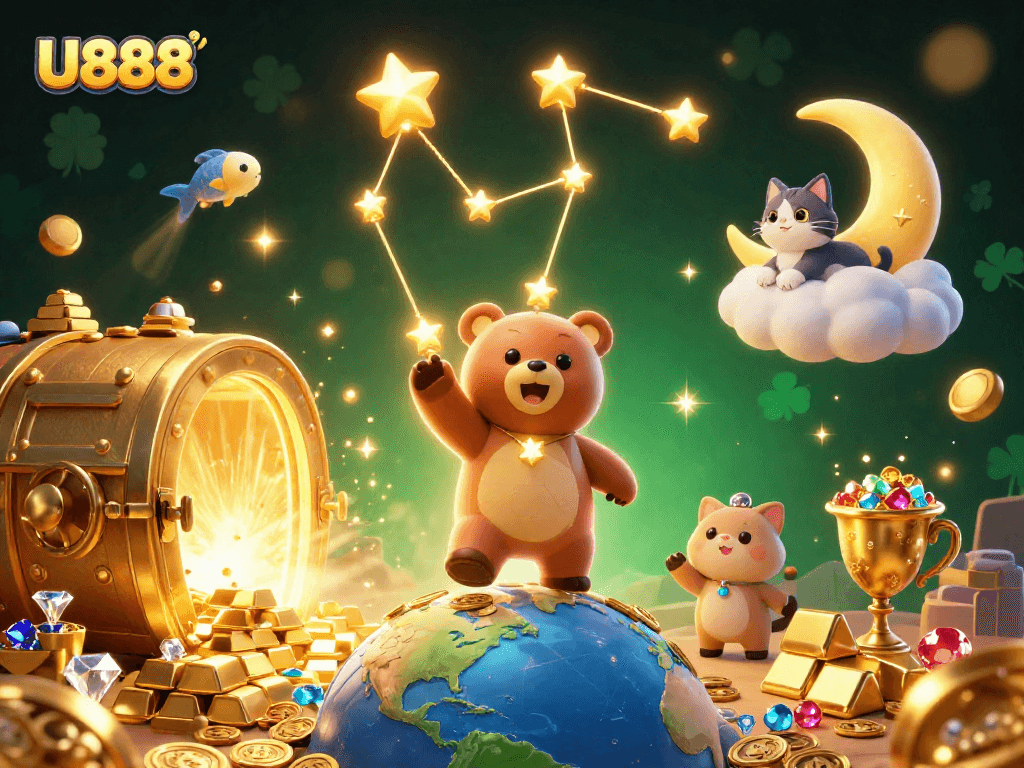 Experience the thrill of U888 with a cosmic-themed casino illustration showcasing treasure and luck.