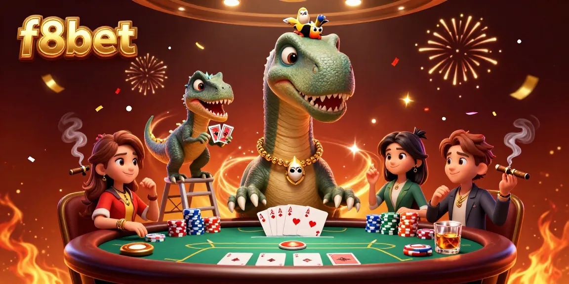 Experience the thrilling f8bet scene with a giant brontosaurus at a vibrant poker table.