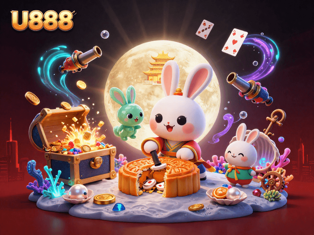 Experience the thrill of U888 with a vibrant moon gaming scene featuring poker chips and treasures.