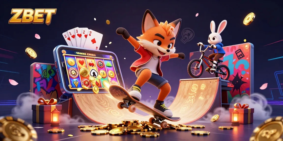 ZBET showcases an exciting 3D cartoon illustration of a fox skateboarder and BMX rabbit amidst vibrant casino elements.
