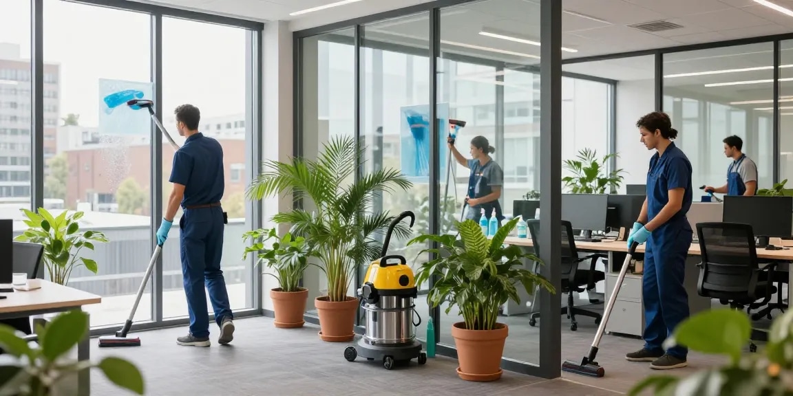 gebäudereinigung düsseldorf - Professionelles Reinigungsteam bei der Arbeit in einem modernen Büro.