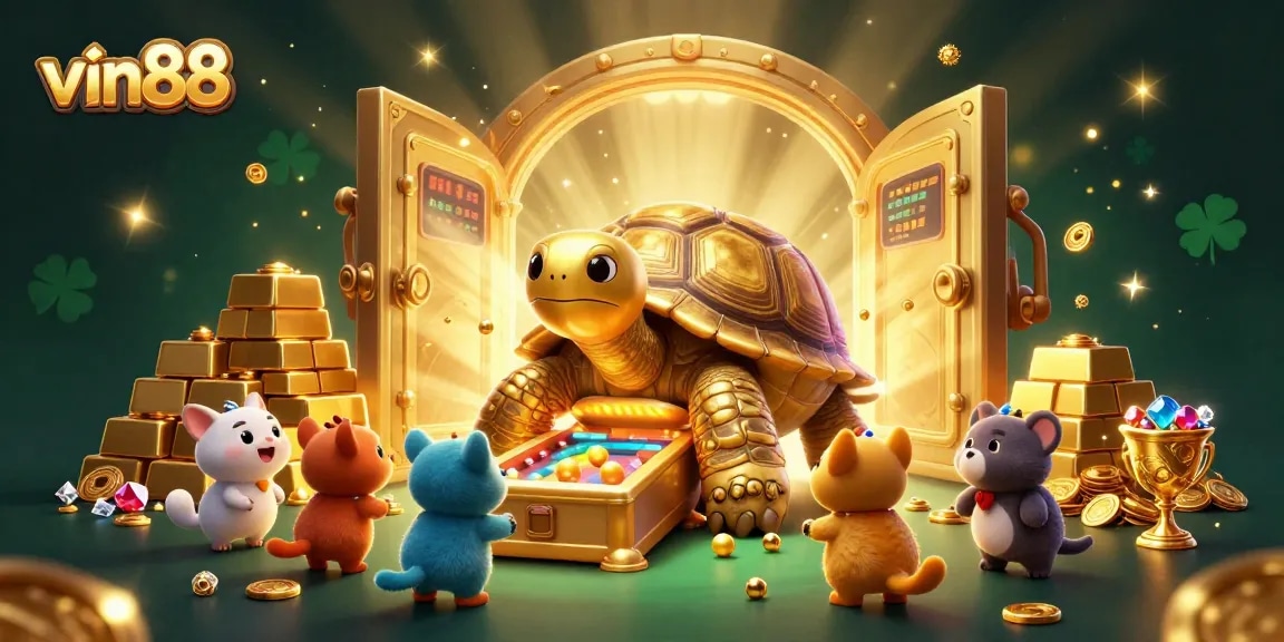 Experience the thrill of vin88 slots with our exciting golden tortoise pinball machine illustration.