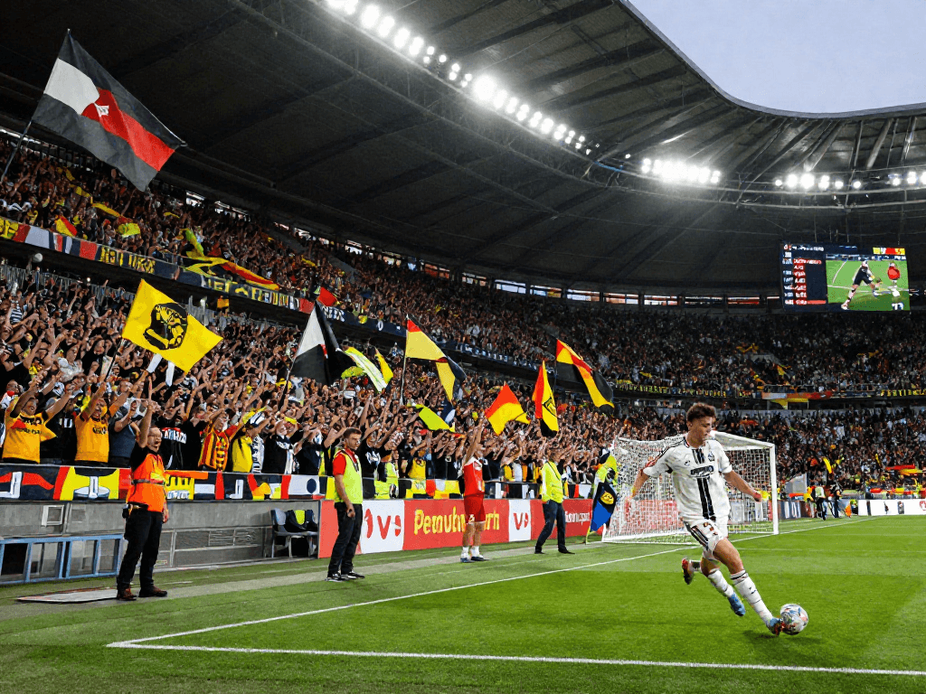 Fussball Deutschland: Leidenschaftliche Fans und spannende Spielszene im Stadion während eines Bundesliga-Matches.