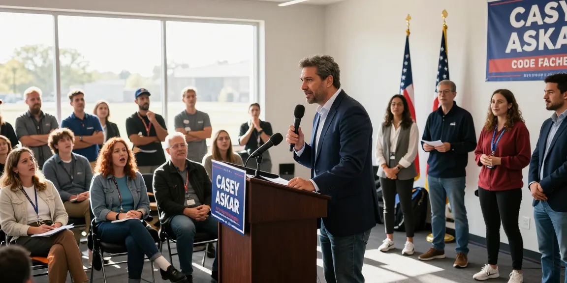 Casey Askar at a campaign rally engaging diverse audience with passionate speech.