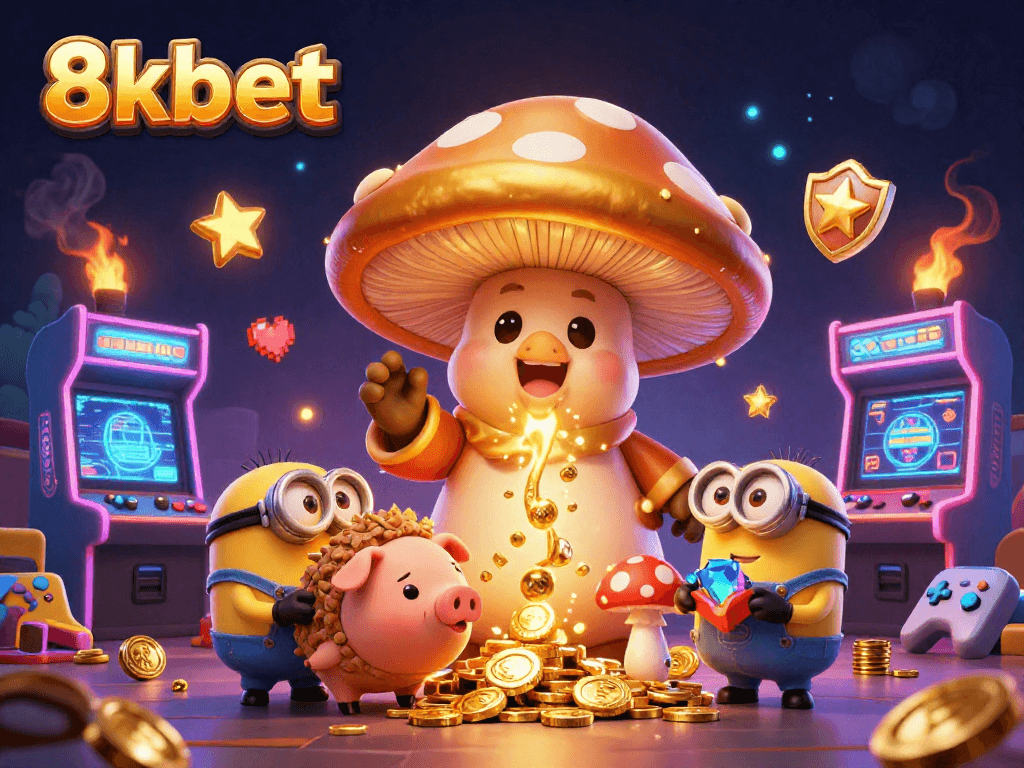 Experience the magic of winning at 8xbet with a vibrant 3D casino illustration showcasing a golden mushroom wizard and treasures.