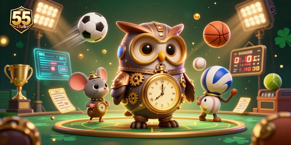 Engage with sports betting excitement at 55club featuring owl time-traveler and animated sports elements.