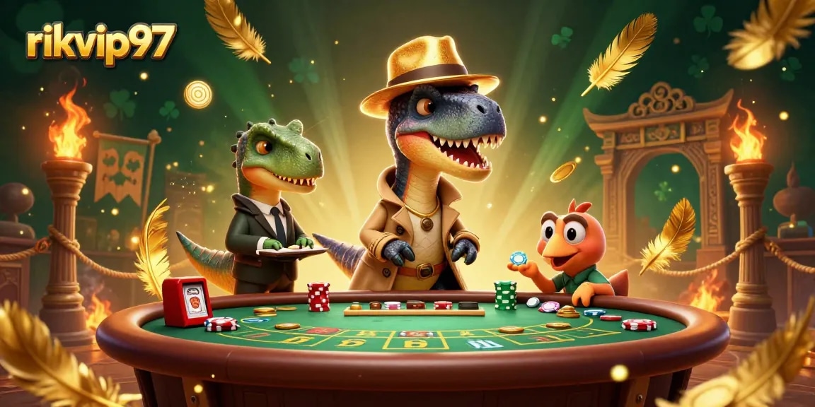 rikvip97 offers an immersive blackjack experience with animated dino characters at the table.
