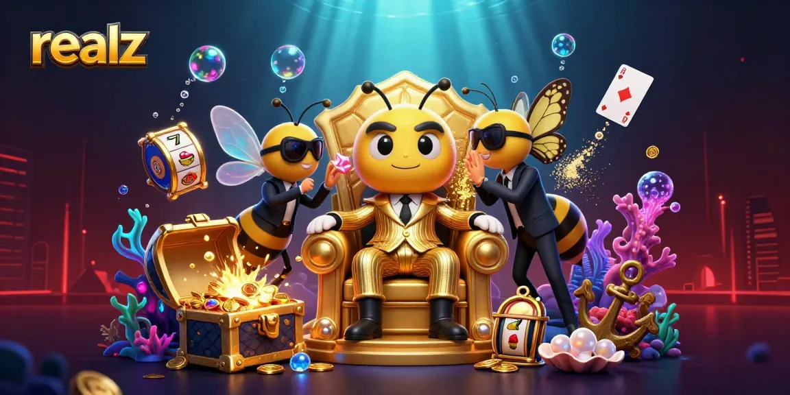 Experience excitement at realz with a cartoon bee mob boss in a vibrant casino scene filled with treasures.