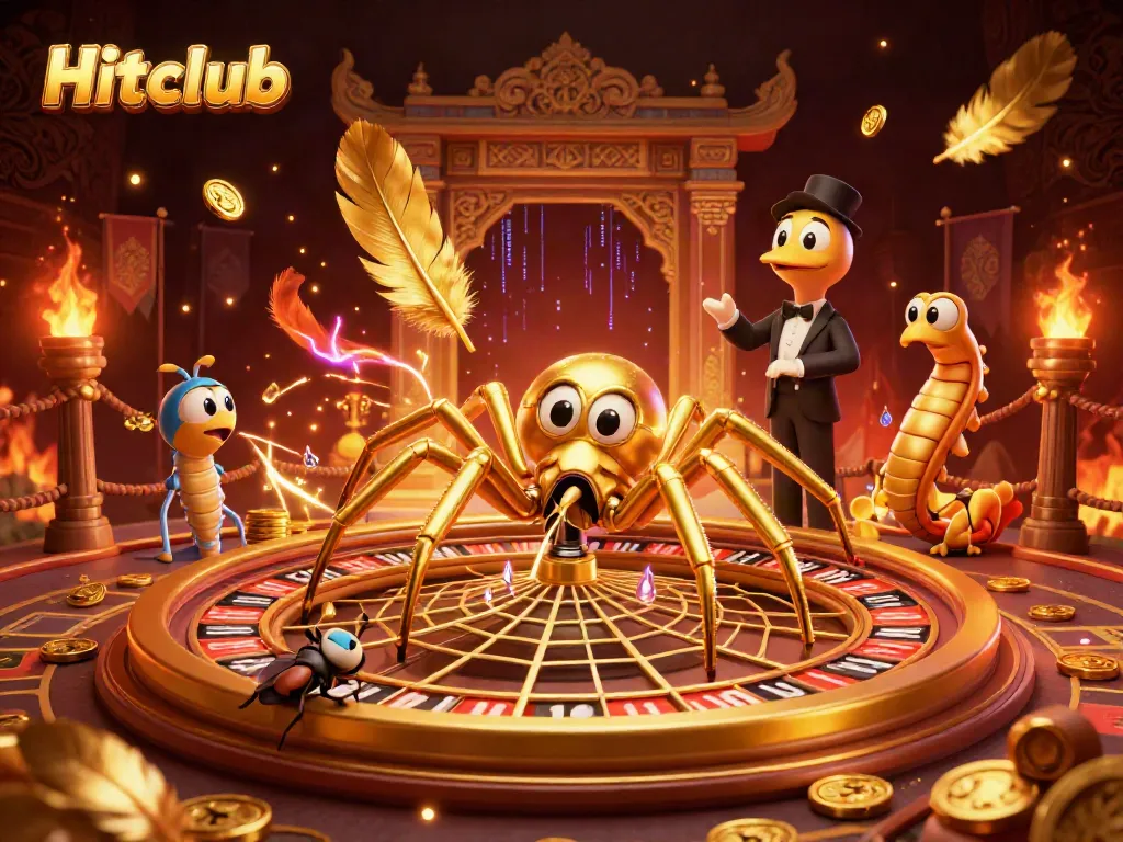 Hitclub gaming scene with a golden spider croupier spinning a roulette web while a fly nervously bets.