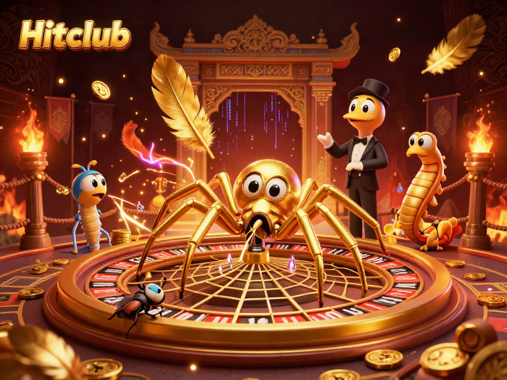 Hitclub gaming scene with a golden spider croupier spinning a roulette web while a fly nervously bets.