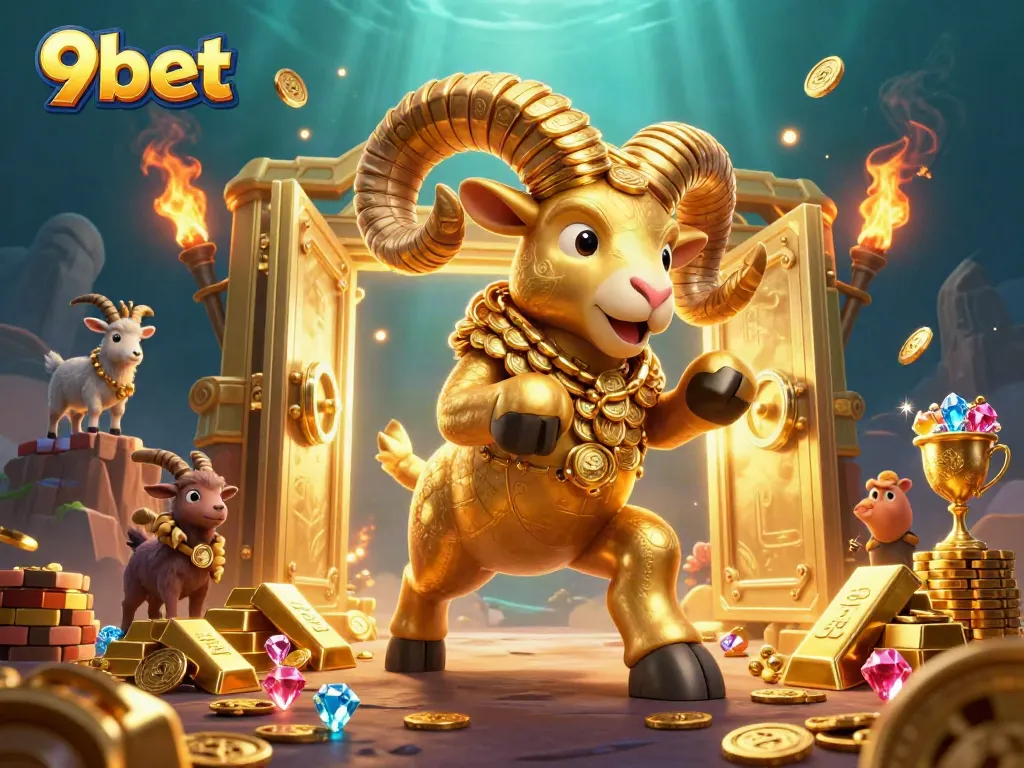 Engage in thrilling bets at 9bet with a dynamic scene of a golden ram charging through a treasure vault.