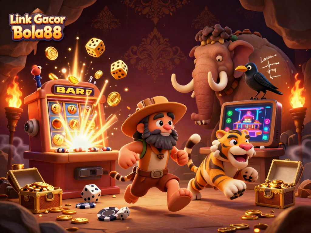 Experience winning with Link Gacor Bola88 as characters celebrate in a lively prehistoric casino setting.