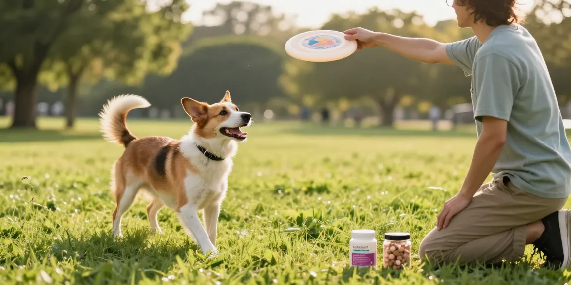 Nahrungsergänzungsmittel für Hunde in einer sonnigen Parklandschaft, Hund spielt mit seinem Besitzer und ist fröhlich.