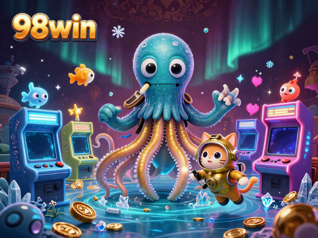 Engage with thrilling adventures at 98win’s vibrant casino, featuring a kraken and diving cat.