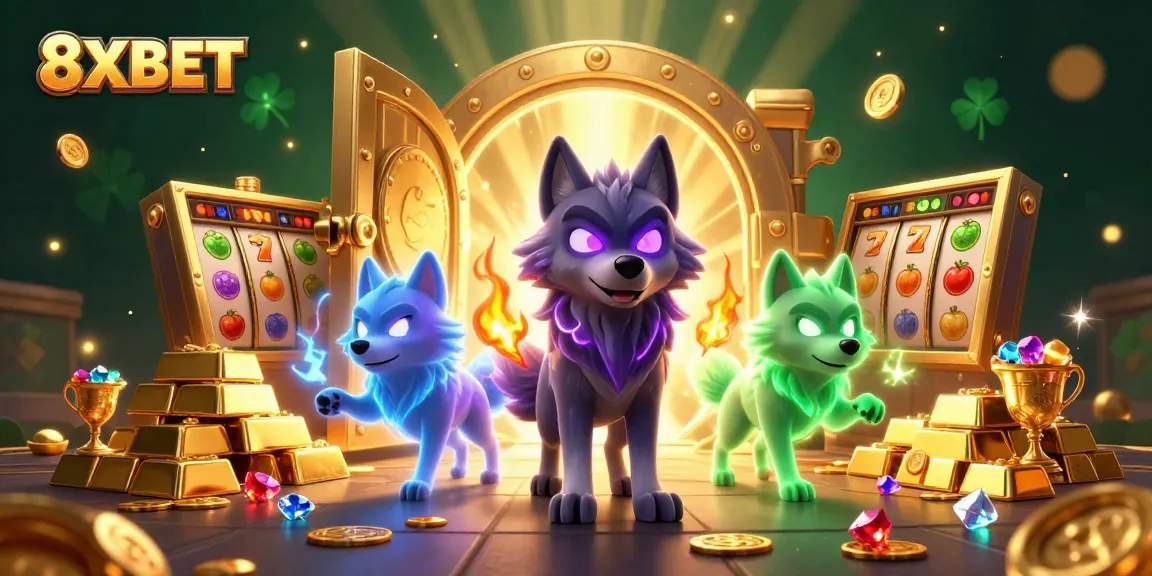 Experience thrilling gameplay at 8XBET with glowing wolves and a treasure-filled casino scene.