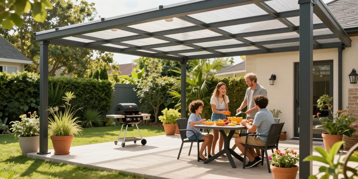 Moderne Terrassenüberdachung auf einer einladenden Terrasse mit Familie beim Grillen.