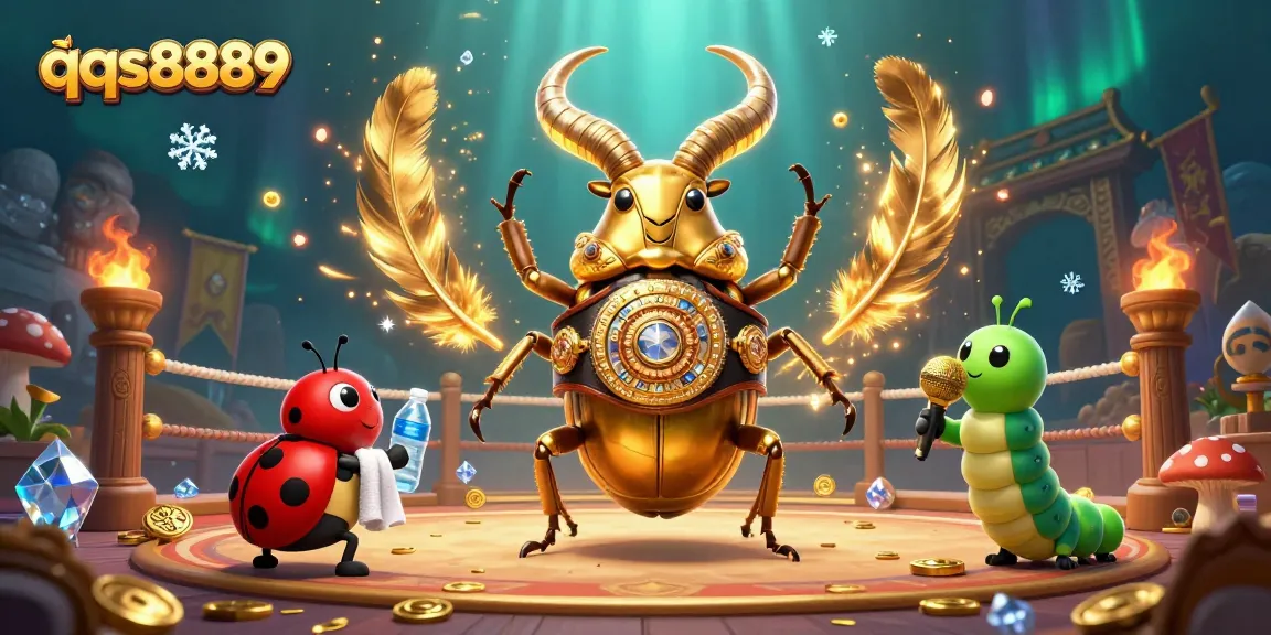 Experience gaming action at qqs8889 with an epic showdown between a giant beetle and friends in a vibrant casino arena.