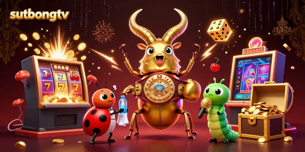 Sutbongtv features a giant golden stag beetle in a boxing stance amidst slot machines and casino symbols.