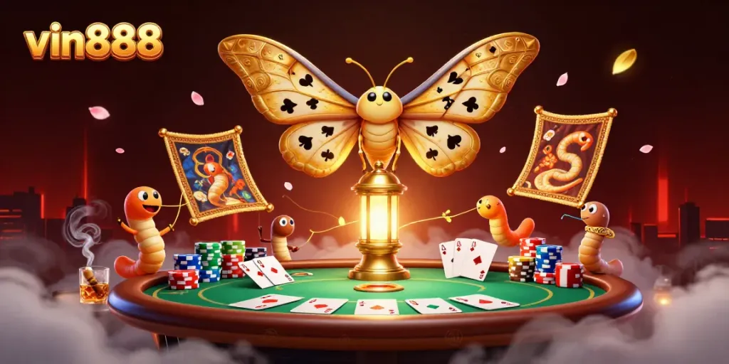 Experience the exciting gameplay of vin888 with a vibrant 3D illustration of a casino-themed scene.
