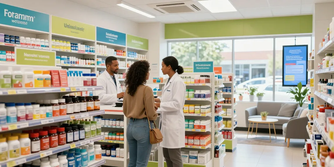 Kunde stöbert im Medi Pharma Shop, lebendige Wellnessprodukte ausgestellt.