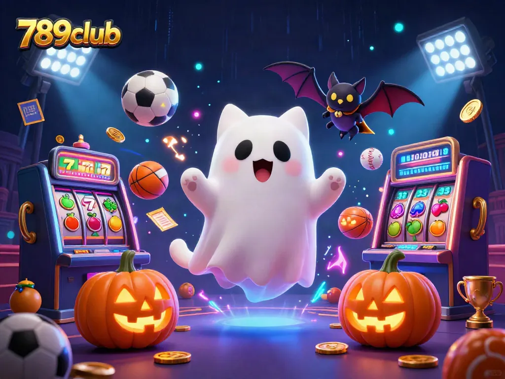 Experience thrilling 789club action in a haunted casino with a ghost cat, vampire bat, and glimmering slot machines.