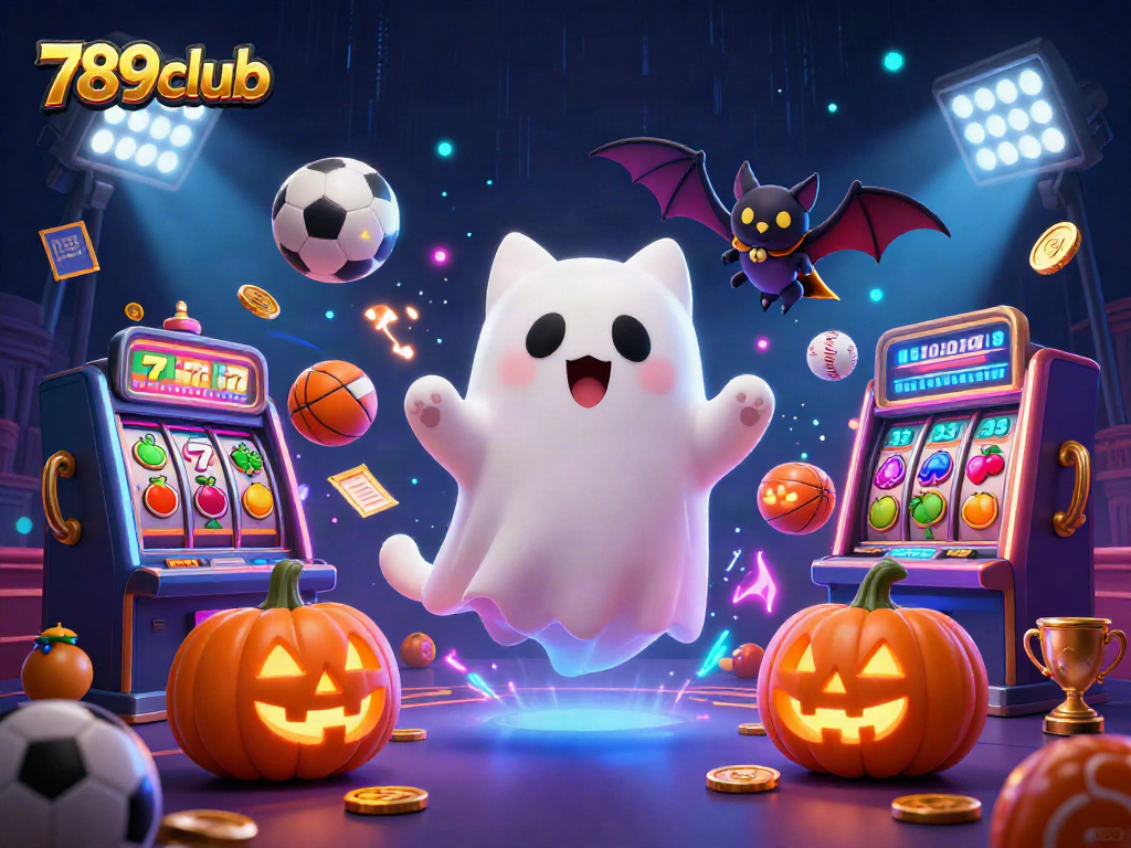 Experience thrilling 789club action in a haunted casino with a ghost cat, vampire bat, and glimmering slot machines.