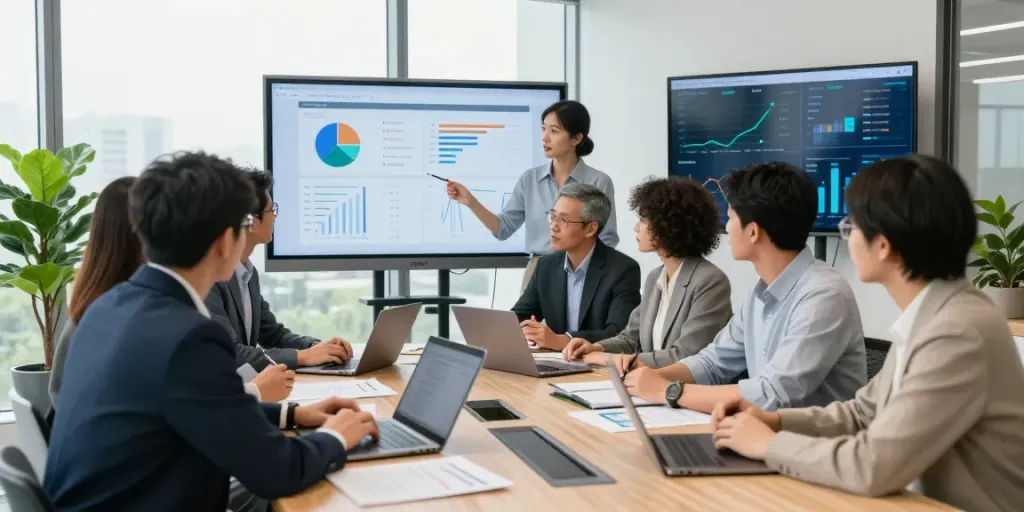 Die Personalberatung Eltz Personal unterstützt in einem modernen Büro mit einem Team von Fachleuten bei der strategischen Planung und Zusammenarbeit.