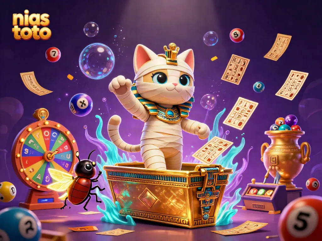 Menangkan permainan togel di Nias Toto dengan mumi kucing dan bola lotere berwarna-warni yang dinamis.