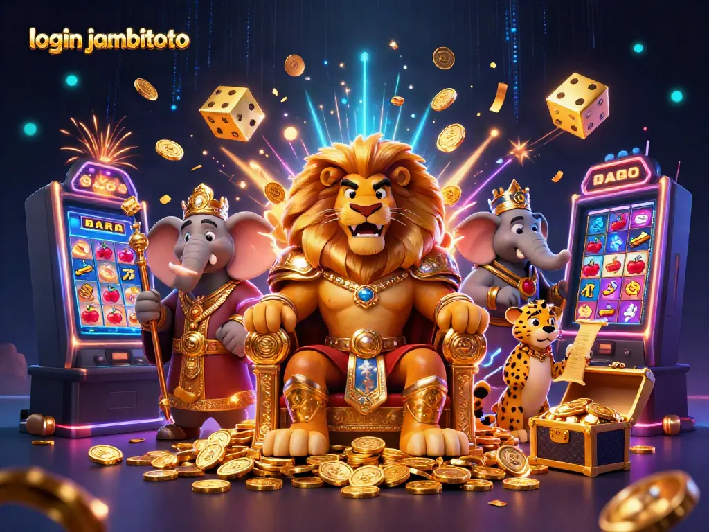 Engage with login jambitoto through a fantasy casino scene featuring a lion king and vibrant slots.