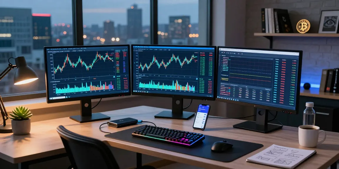 Edimakor Video-Editor im modernen Home Office mit Kryptowährungstafeln, DeFi-Dashboards und sicherem Hardware-Wallet.