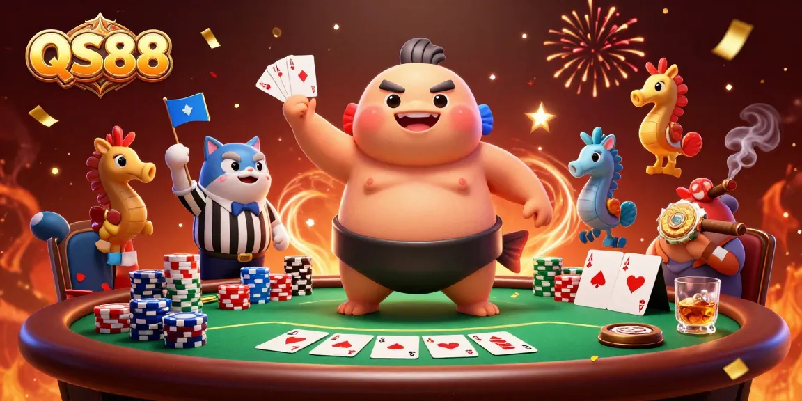 Experience QS88's dynamic poker scene with fugu, catfish, and vibrant casino elements.