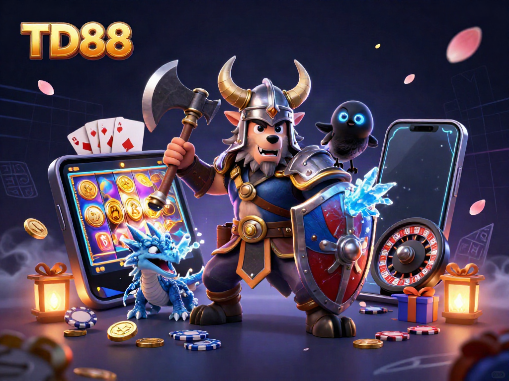 Engage with TD88's vibrant online gaming adventure featuring a Viking wolf, dragon, and casino elements.