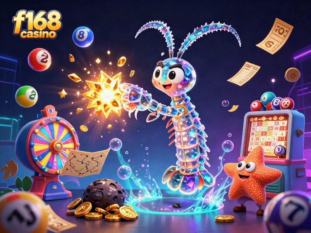 Engage in the thrilling world of f168 casino with colorful lottery elements and dynamic characters in a vibrant scene.