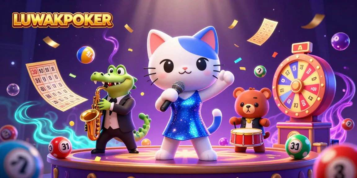 Experience thrilling gameplay with LUWAKPOKER featuring lively characters at a vibrant casino scene.