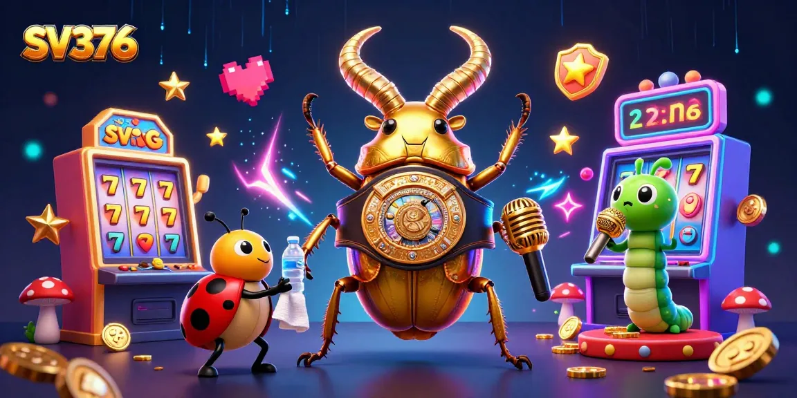 Engage with SV376 in a colorful casino scene featuring a giant golden stag beetle and vibrant game elements.