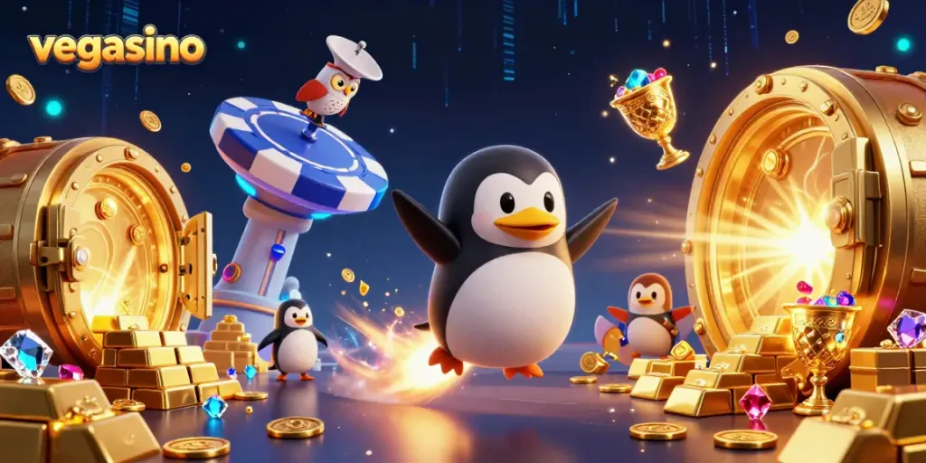 Experience the excitement of vegasino with a golden penguin racing towards a vibrant casino.