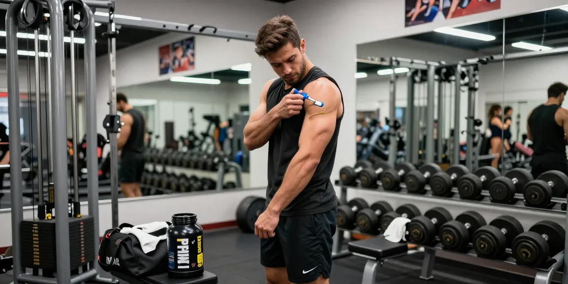 Prime Pharma Steroide Injektion Szene in einem Fitnessstudio, die sportliche Hingabe zeigt.