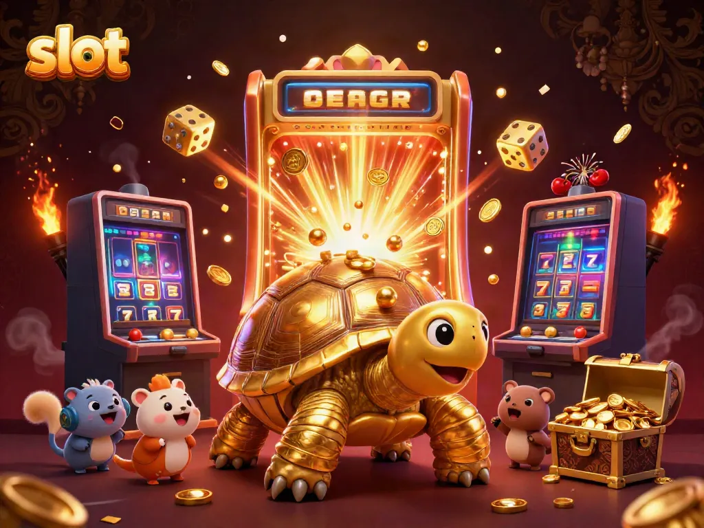 Exciting slot gaming scene with a tortoise pinball, jackpot slot machine, and a queue of eager players.
